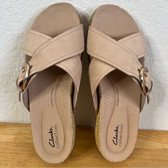 Clarks Collection Leather Slide Sandals Reileigh May Beige Size 10W - Picture 3 of 9